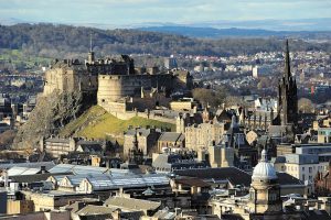 Edinburgh Castle on its volcanic rock above the city, seen from below