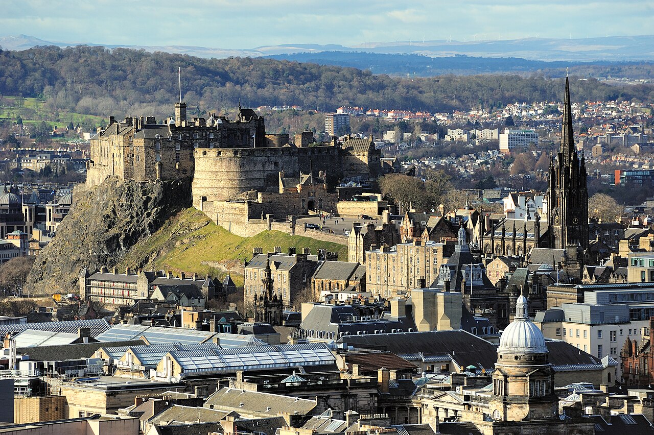 Edinburgh Castle on its volcanic rock above the city, seen from below