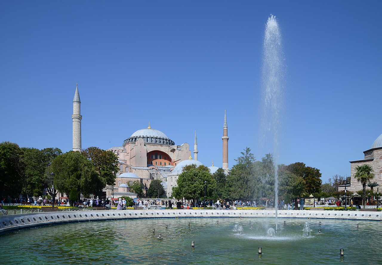 The exterior of Hagia Sophia with its central dome, buttresses and four minarets