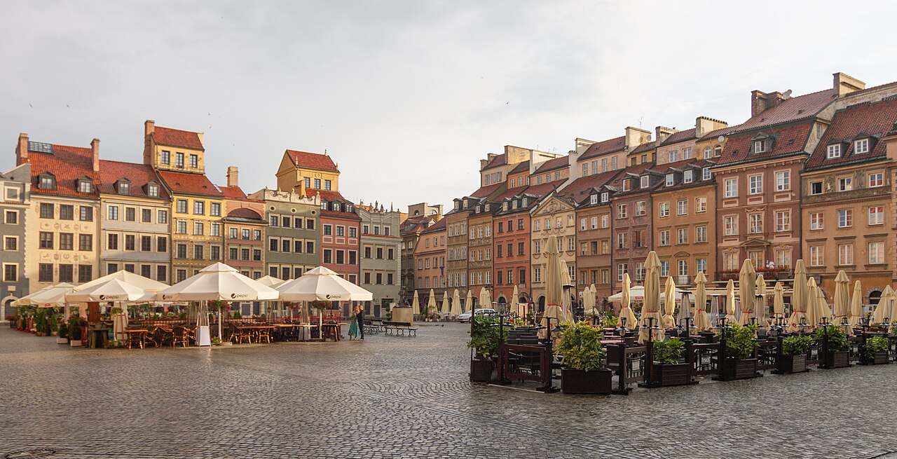 Coloured townhouses around the rebuilt market square of Warsaw's old town