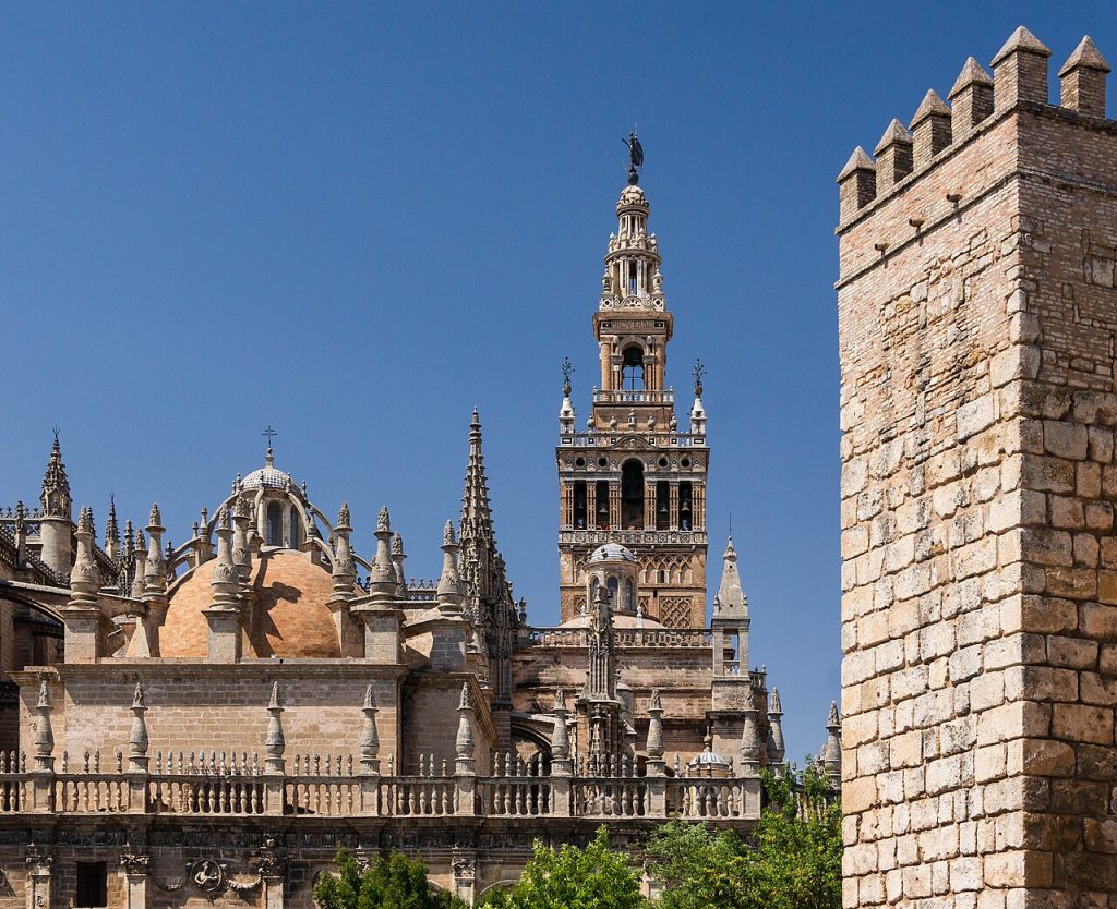 The brick Giralda bell tower rising beside Seville cathedral