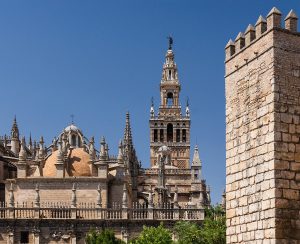 The brick Giralda bell tower rising beside Seville cathedral