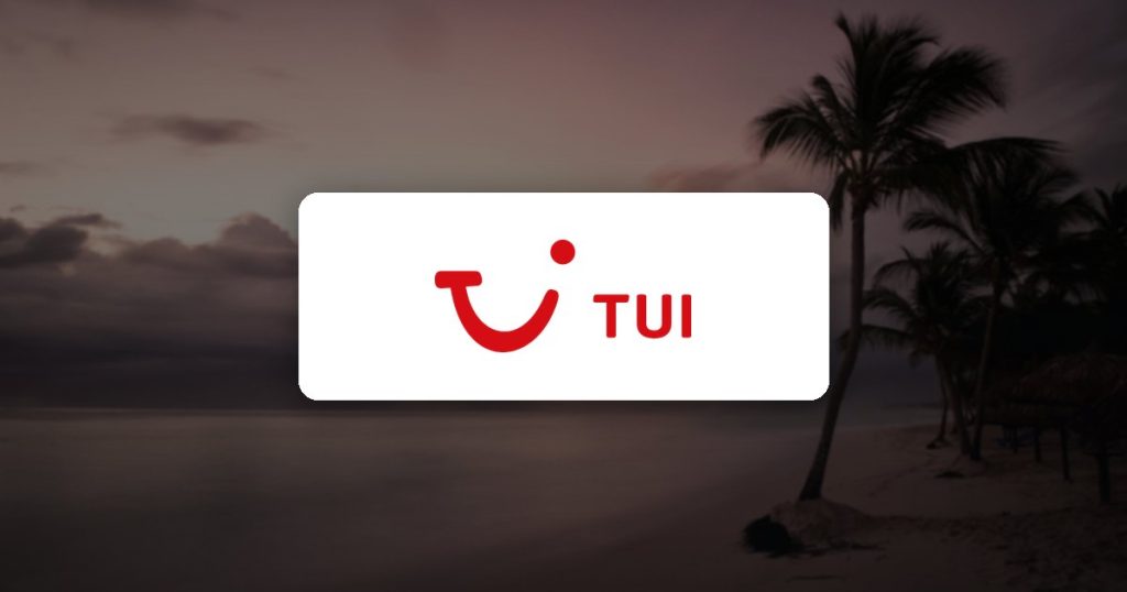 TUI logo over a tropical beach at dusk