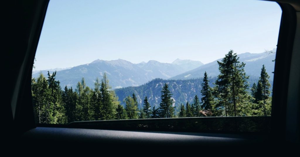 View from a car window of green mountains and pine forest